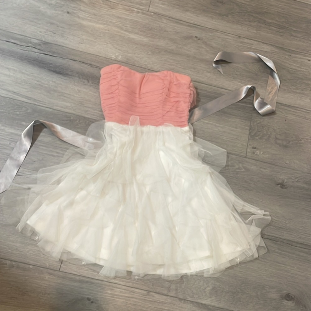Pink and white strapless cocktail dress with detachable ribbon belt